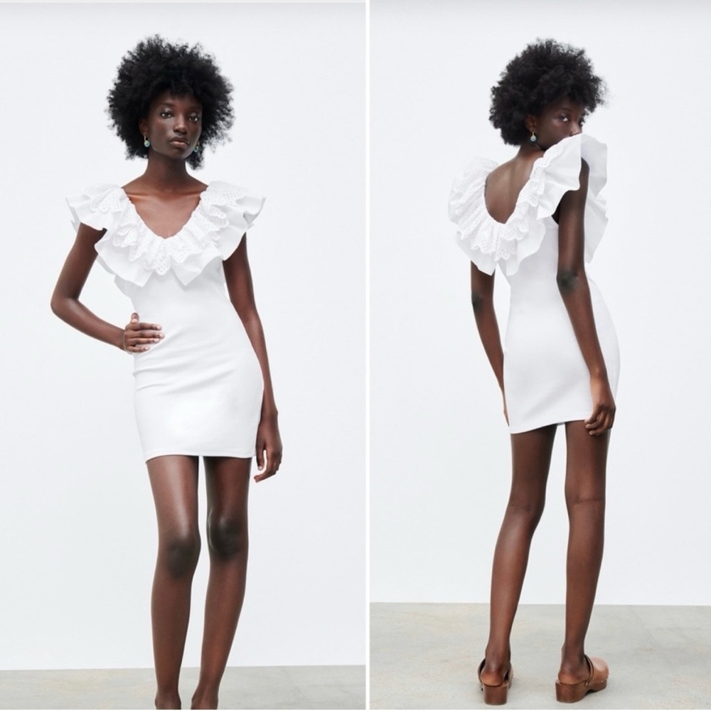 🆕Zara Sz S White Bodycon Mini Ribbed Dress with Embroidered Eyelet Ruffles